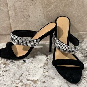 Veronica Beard Black suede Heels with diamond embezzled thick soft strap